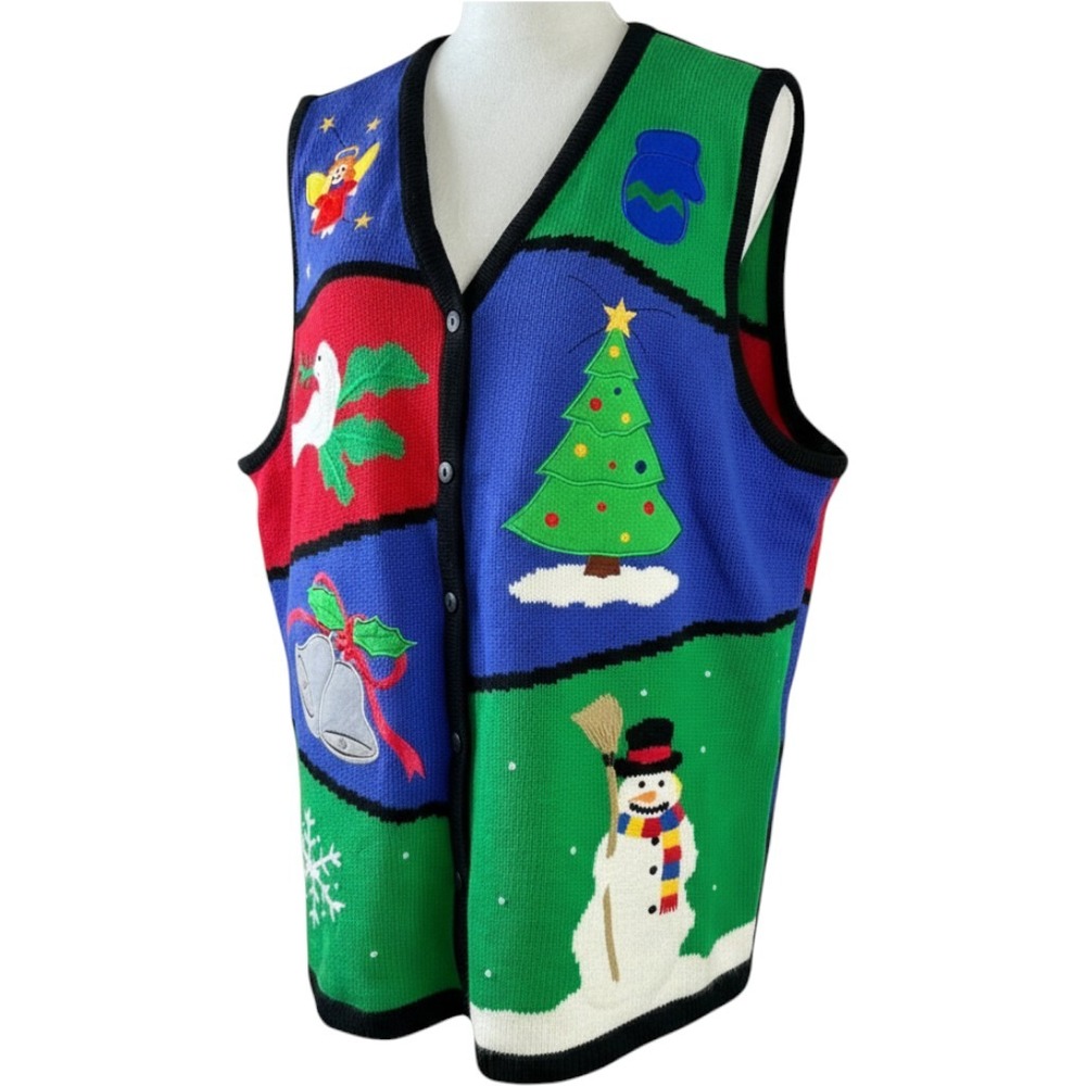 The Quacker Factory Ugly Christmas Vest SZ 2X Reindeer Snowman Tree Bells Angels